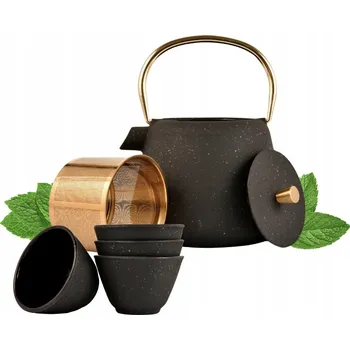 Konvice na čaj LITINOVÁ KONVICE 1L, SÍTKO NA LOUHOVÁNÍ ČAJE OCEL + 4 LITINOVÉ ŠÁLKY