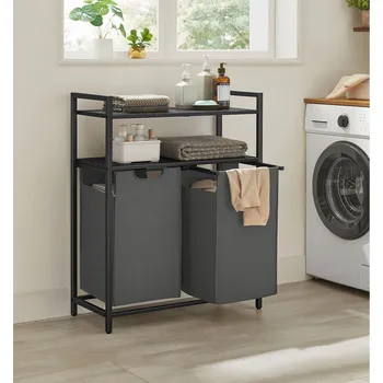 Úložný box Dvoudílný koš na prádlo s odkládacím prostorem | černo-šedý