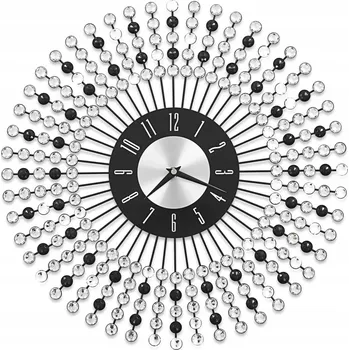 Hodiny Nástěnné hodiny kovové s křišťálovými detaily, Ø43 cm, černo-bílé
