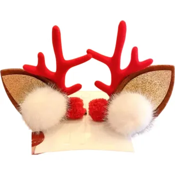 Vánoce Vánoční sponky do vlasů Sobí parohy se zlatými oušky a dvěma bambulkami Stylový doplněk pro Vánoční účes a zimní focení červená