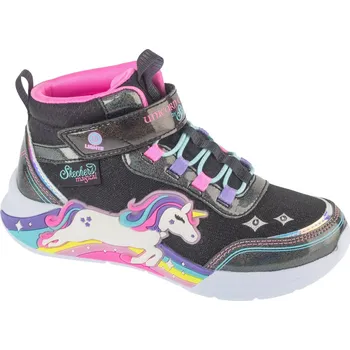 Dětská treková obuv Černé dívčí svítící kotníkové tenisky Skechers S-Lights: Unicorn Chaser - Jumping Magic 303302L-BKMT Velikost: 34