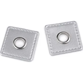 Průchodka s koženkovým čtverečkem k našití, průvlek 8 mm, střední, 14 stříbrná nikl