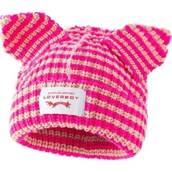 Čepice Zimní pruhovaná čepice Skullies s kočičími ušima Háčkovaný unisex klobouk 55–60 cm Teplá módní hip-hop čepice Kostýmní pletený klobouk Vánoční dárek růžová