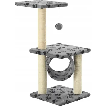 Škrabadlo pro kočky s míčkem, šedé s motivem kočičích tlapek, 30x30x65 cm