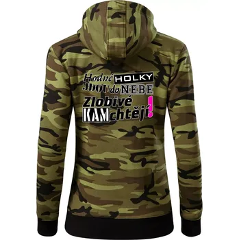 Dámská mikina Hodné holky jdou do nebe, zlobivé kam chtějí! - Dámská mikina trendy zipper s kapucí - S ( Zelený maskáč )