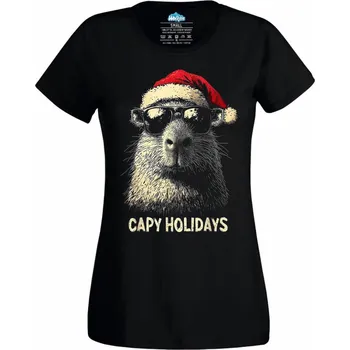 Dámské tričko Vánoční Kapybara Capy Holidays (Velikost: 4XL, Barva: Černá)