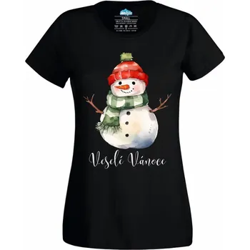 Dámské tričko Roztomilý Sněhulák Veselé Vánoce (Velikost: 4XL, Barva: Černá)
