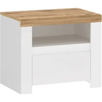 Noční stolek Praktický noční stolek se zásuvkou a výklenkem pod deskou stolu do ložnice Vigo - Mebelbos Bílá / Bílý Lesk / Dub Wotan 60x50.5 cm