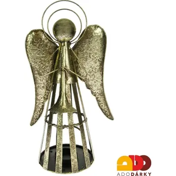 Svícen Plechový svícen anděl ve zlaté barvě s trubkou 35 cm (Plechová socha anděla na svíčku)