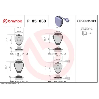 Brzdová destička Sada brzdových destiček, kotoučová brzda BREMBO P 85 038