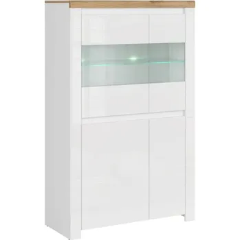 Knihovna Vitrína nízká Vigo - Mebelbos Bílá / Bílý Lesk / Dub Wotan 98x156.5 cm