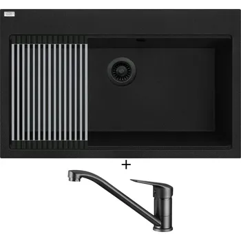 Granitový dřez Granitový dřez SET Laveo TAU SBT B108 černá edice + Rolovací odkapávač + Deante NEO BORO BMO N60M černá matná