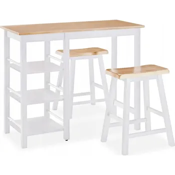 Jídelní set Barový stůl se sadou polic a 2 barové stoličky, bílá/přírodní dřevo, 108x