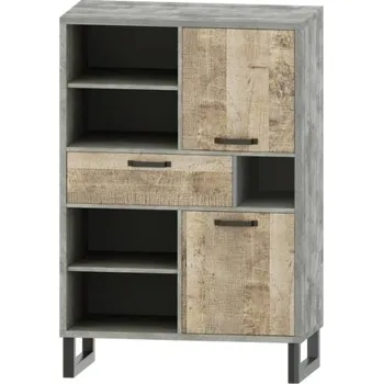 regál Funkční regál se zásuvkou a dvířky do obývacího pokoje Bari - Mebelbos Szary / Dąb Piaskowy 90x134 cm