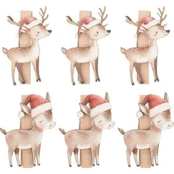 Vánoční dekorace ANDĚL Oslíci a srnky v santovských čepicích dřevění na kolíčku 3 x 4,5 x 0,3 cm, 6 ks v sáčku