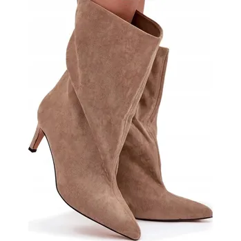 Dámská zimní obuv DÁMSKÉ KOTNÍKOVÉ BOTY Z EKO SEMIŠE NA JEHLOVÉM PODPATKU S ŠPIČATOU ŠPIČKOU BÉŽOVÉ VEL. 41