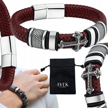 Náramek PÁNSKÝ NÁRAMEK KŘÍŽ PLETENÝ KOŽENÝ HNĚDÝ OCEL JAKO DÁREK 21 CM