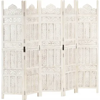 Paraván Ručně vyřezávaný Paraván z mangového dřeva, bílý, 200 x 165 cm