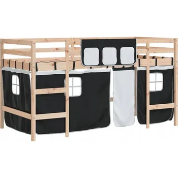 Postel Dětská Loftová Postel na Patře se Závěsy, Masivní Borovicové Dřevo