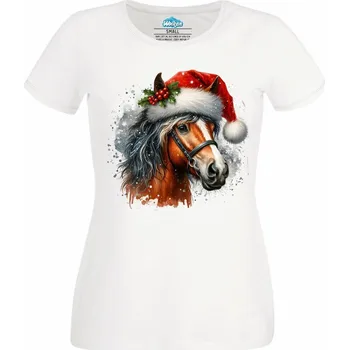 Dámské tričko Dámské tričko Vánoční Kůň v Čepici (Velikost: 3XL, Barva: Bílá)
