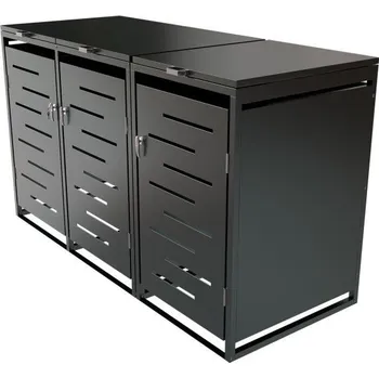 Popelnice Venkovní uzamykatelná skříň na 3 popelnice pevná kovová, víka na plynových vzpěrách, 197x116x80 cm