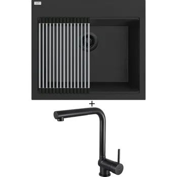 Granitový dřez Granitový dřez SET Laveo TAU SBT 710B černá edice + rolovací odkapávač + Deante ASTER N73M černá matná