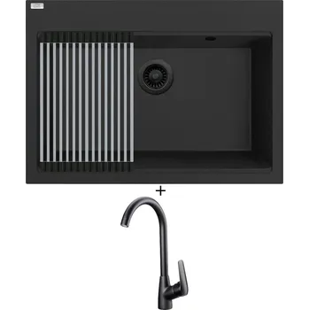 Granitový dřez Granitový dřez SET Laveo TAU SBT B107 černá edice + Rolovací odkapávač + Deante NEO BORO BMO N62M černá matná