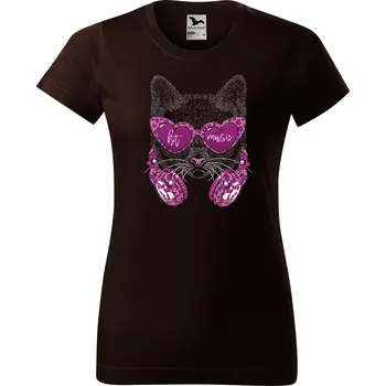 Dámské tričko levne-damske-bavlnene-tricko-potisk-kocka-hit-sluchatka Velikost dámská trička Basic: XXL šířka 59, délka 69, Odstín dámské tričko Basic: Čokoládové