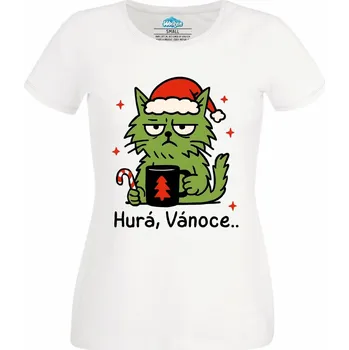 Dámské tričko Dámské tričko Naštvaná Kočka Grinch Hurá, Vánoce.. (Velikost: XL, Barva: Bílá)