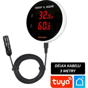 Wifi smart teplotní senzor s měřením vlhkosti s digitálním displejem a vzdáleným kabelovým senzorem 3m, rozsah měření -40°C - 120°C, Tuya/Smart Life