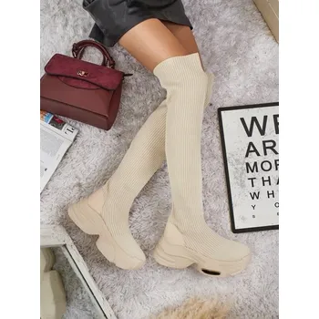 Dámské kozačky Krémové dámské nazouvací kozačky Ravmora, dlouhé, velikost 37