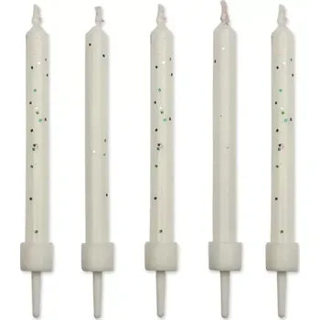 Dortová svíčka Svíčky dortové s držáky, sada 10ks, 55mm - bílé, třpytky