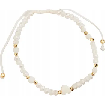 Náramek Zlatý provázkový náramek 585 bílý provázek s korálky a srdíčkem kuličky