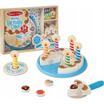 Dřevěná hračka Melissa & Doug Dřevěný DORT K NAROZENINÁM ke krájení, 33 dílů, Suchý zip, Svíčky