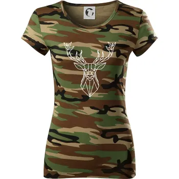 Dámské tričko Geometrie - jelen - Dámské maskáčové triko - L ( Hnědý maskáč )