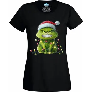 Dámské tričko Dámské tričko Vánoční Kočka Grinch (Velikost: S, Barva: Černá)