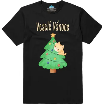 Pánské tričko Pánské tričko Vánoční Kočka na Stromečku Veselé Vánoce (Velikost: S, Barva: Černá)