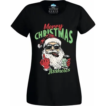 Dámské tričko Dámské tričko Drsný Santa s Doutníkem Merry Christmas Assholes (Velikost: L, Barva: Černá)