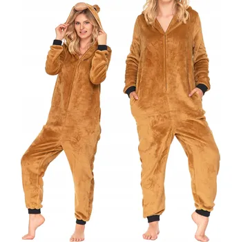 Dámské pyžamo Moraj kombinéza/ overal pyžamo jednodílné pohodlné kapuce hnědá velikost S