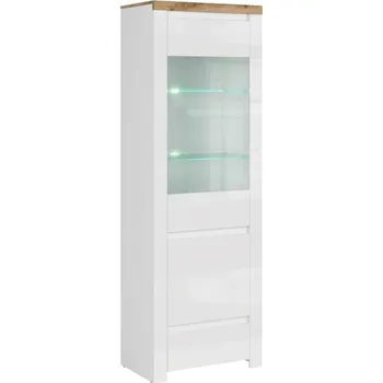 Knihovna Vitrína Vigo - Mebelbos Bílá / Bílý Lesk / Dub Wotan 68x202 cm