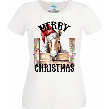 Dámské tričko Dámské tričko Vánoční Kůň Merry Christmas (Velikost: M, Barva: Bílá)