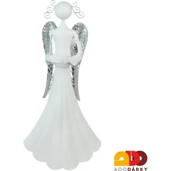 Svícen Bílý plechový anděl svícen 35 cm (Vysoký anděl s miskou na svíčku)