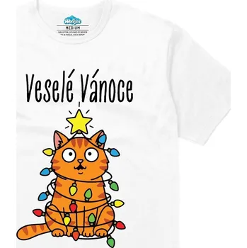 Pánské tričko Pánské tričko Kočka ve Světýlkách Veselé Vánoce (Velikost: XL, Barva: Bílá)