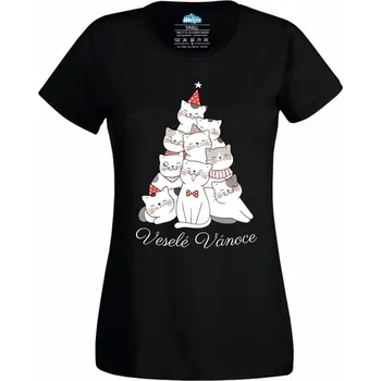 Dámské tričko Dámské tričko Kočičí Stromek Veselé Vánoce (Velikost: 3XL, Barva: Černá)