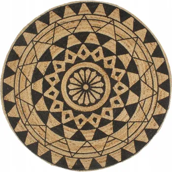Koberec Ručně vyrobený jutový koberec s pleteným vzorem, přírodní s černým designem, kruhový