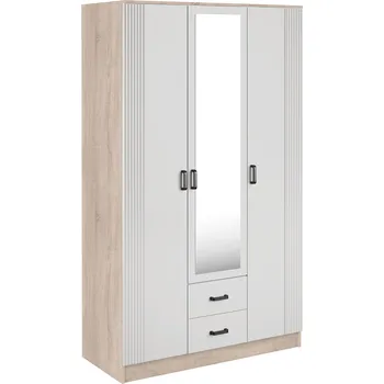Šatní skříň Skříň Kami rýhovaná se zrcadlem třídveřová a se dvěma zásuvkami - Mebelbos Světlý dub 120x205.6 cm
