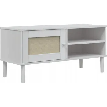 Televizní stolek TV stolek SENJA z masivního borovicového dřeva a polyratanu, bílý, 106x40x49 cm