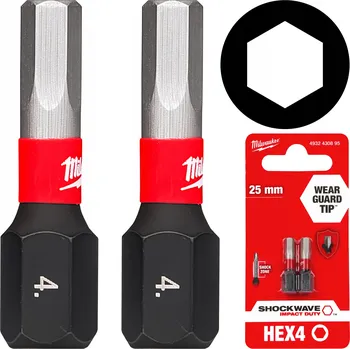 Bit Nárazové bity Milwaukee HEX 4 mm, 25 mm, 2 ks Shockwave pro šroubovák