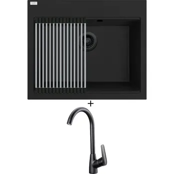 Granitový dřez SET Laveo TAU SBT B106 černá edice + rolovací odkapávač + Deante NEO BORO BMO N62M černá matná