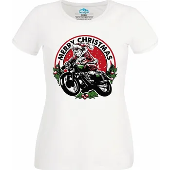 Dámské tričko Vánoční Santa na Motorce Merry Christmas (Velikost: 4XL, Barva: Bílá)